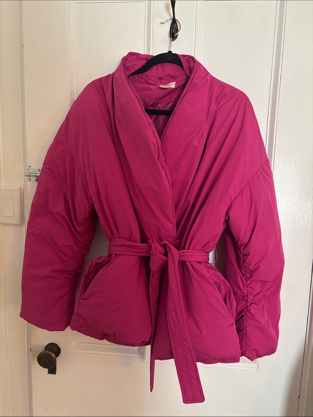Anthropologie Bright Fuchsia Belted Puffer Wrap Coat
